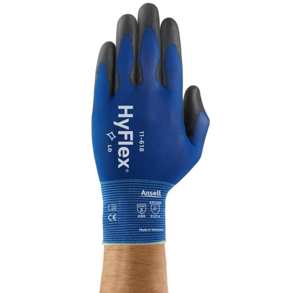 ANSELL 11-618 - HYFLEX® KNITTED DARK BLUE NYLON WITH BLACK POLYURETHANE PALM COATED GLOVES