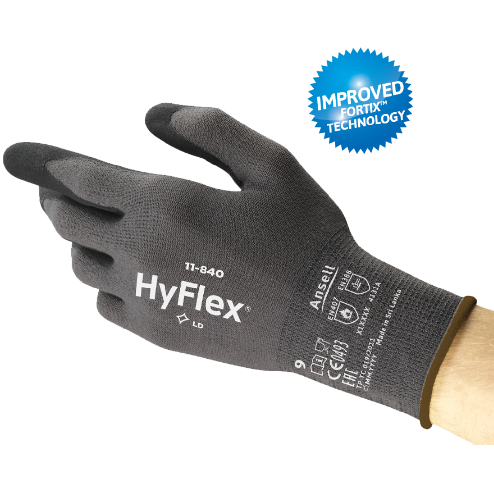 ANSELL 11-840 - HYFLEX® BLACK NITRILE PALM COATED WITH LINEAR NYLON MATERIAL GLOVES