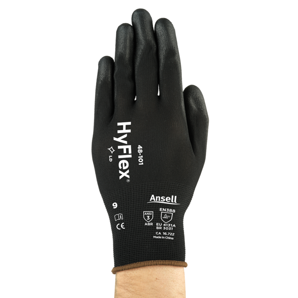 ANSELL 48-101 - HYFLEX® KNITTED BLACK NYLON WITH PALM-DIPPED PU COATED GLOVES