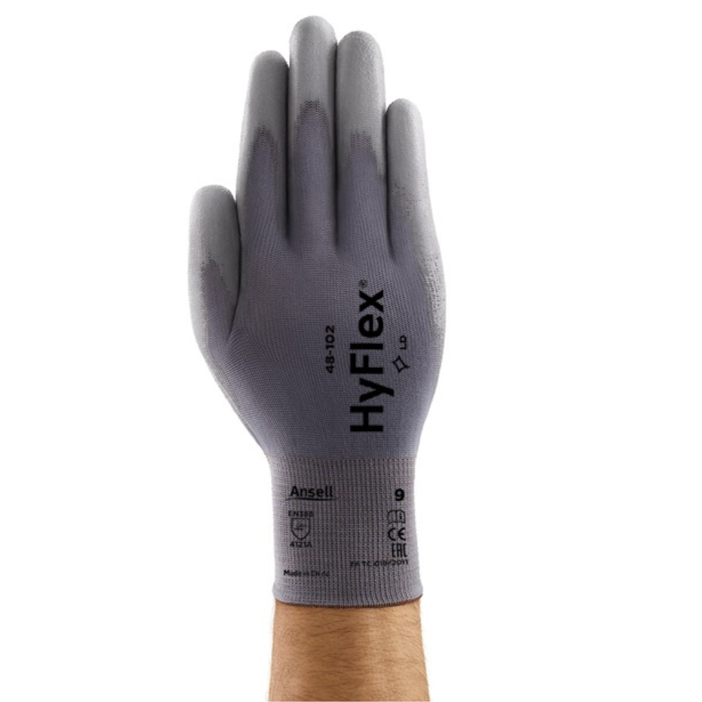 ANSELL 48-102 - HYFLEX® KNITTED GREY NYLON LINEAR WITH GREY POLYURETHANE PALM COATED GLOVES