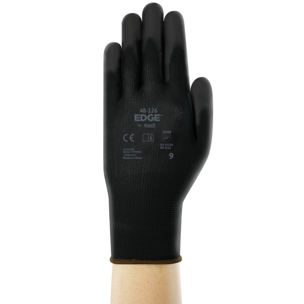 ANSELL 48-126 - BLACK POLYESTER KNITTED POLYURETHANE PALM COATED GLOVES