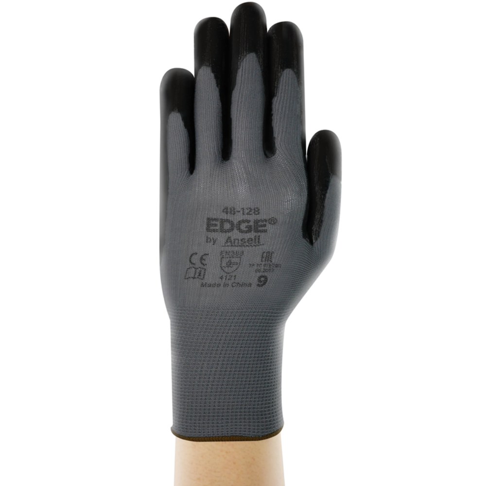 ANSELL 48-128 - EDGE ® POLYESTER KNITTED BLACK NITRILE PALM COATED GLOVES Brand : ANSELL