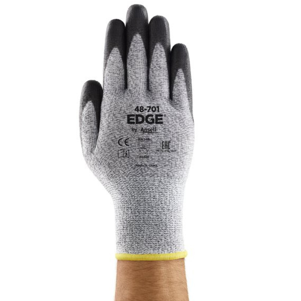 ANSELL 48-701 - EDGE® (KNITTED LINEAR HPPE, SPANDEX WITH BLACK POLYURETHANE PALM COATED GLOVES)