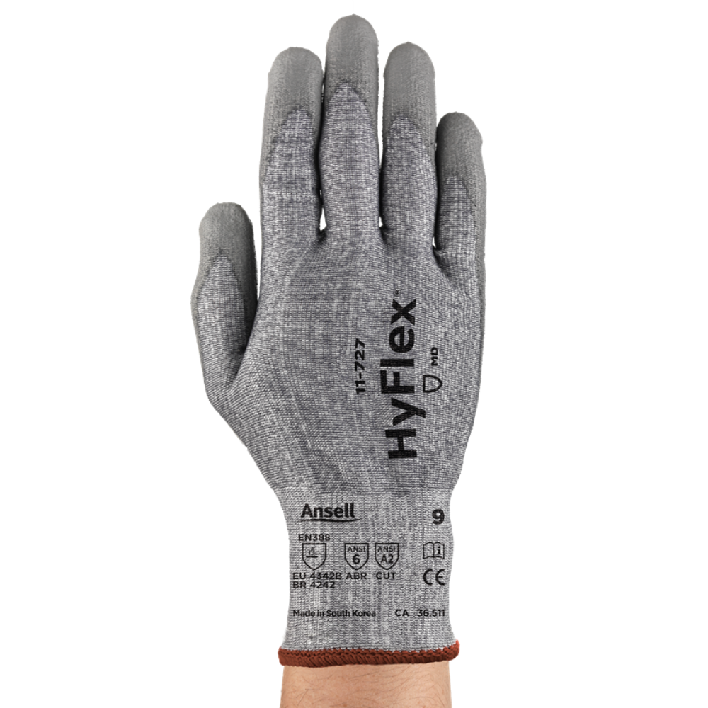 ANSELL 11-727 - HYFLEX® HPPE, NYLON LINEAR KNITTED GREY POLYURETHANE PALM COATED GLOVES
