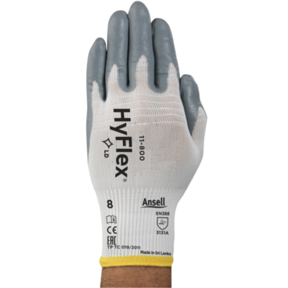 ANSELL - 11-800 - HYFLEX® KNITTED WHITE NIYLON LINEAR WITH GREY NITRILE PALM COATED GLOVES